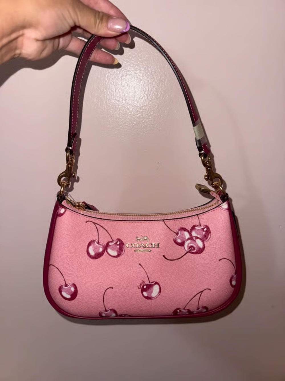 Coach Pink Cherry Print Shoulder Bag with Dark Pink Trim